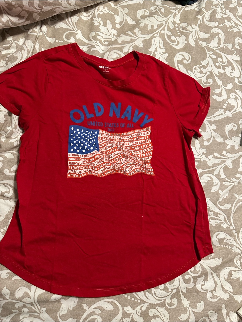 2022 Old Navy Red Crewneck Tee with Blue Logo Detail